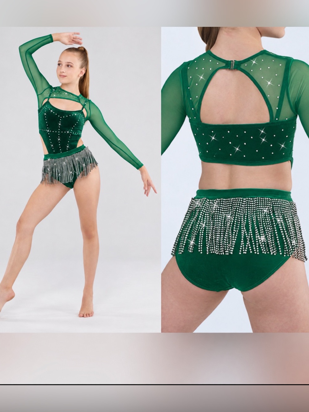 Weissman dance costume green velvet crystal fringe Shut it down 16761 LA adult